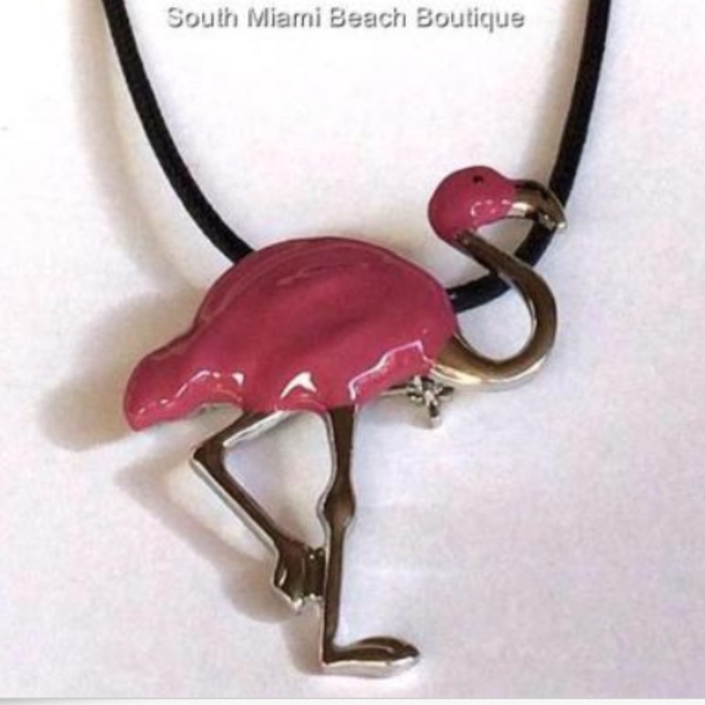 Silver Pink Flamingo Necklace Pin Brooch Pendant Necklace Black Cord Island